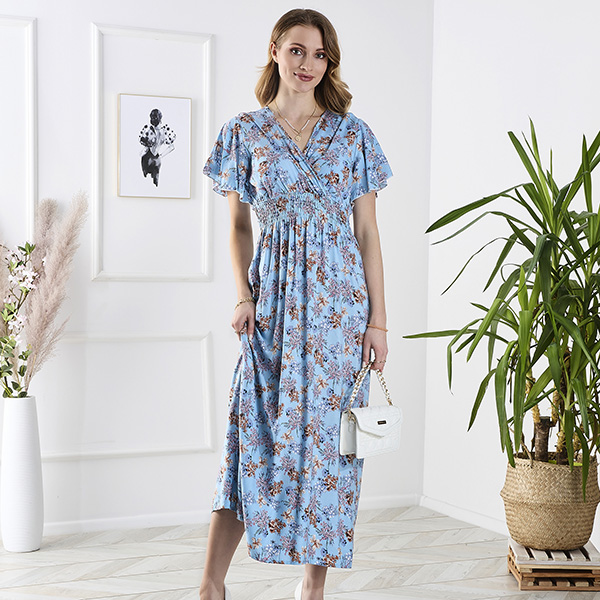 Robe longue bleue à fleurs pour femmes - Vêtements
