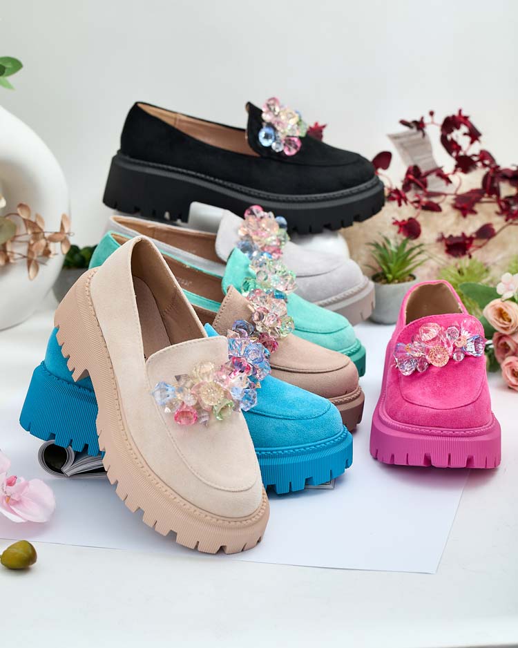 Mocassins gris clair pour femmes avec perles colorées Hetika - Footwear