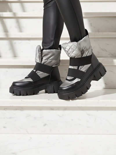Bottes de neige pour femmes à semelle plate en noir-gris Ferory- Footwear