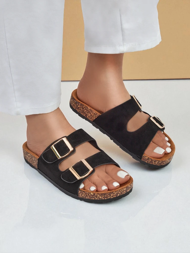 Claquettes pour femmes Letitia noires, en daim, talon plat, design italien