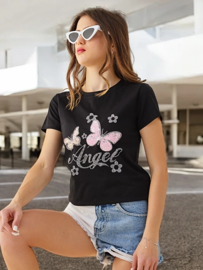 Royalfashion T-shirt en coton pour femmes Papillon