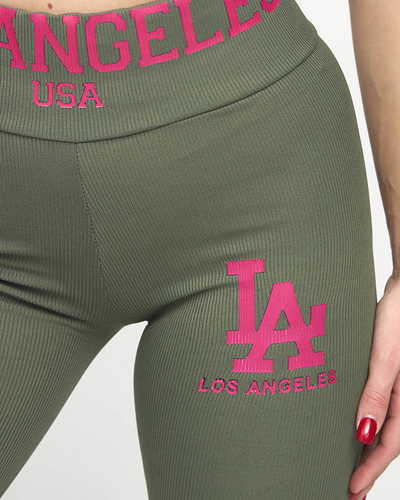 Legging femme côtelé vert inscriptions roses - Vêtements