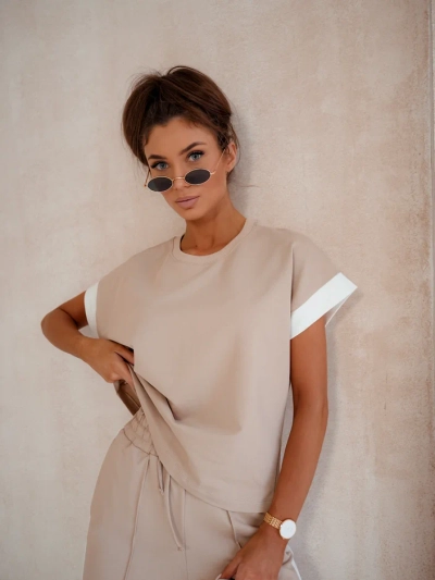 Ensemble Royalfashion en coton pour femmes avec manches courtes et pantalons évasés