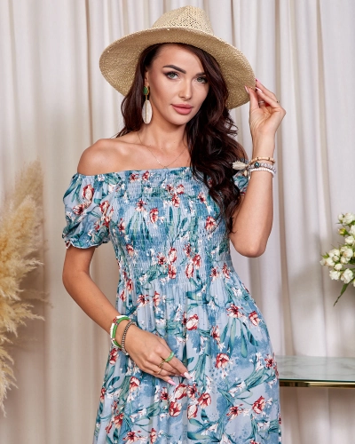 Robe midi fleurie bleue pour femme - Vêtements