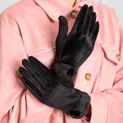 Mitaines femme en velours noir avec pompon - Accessoires