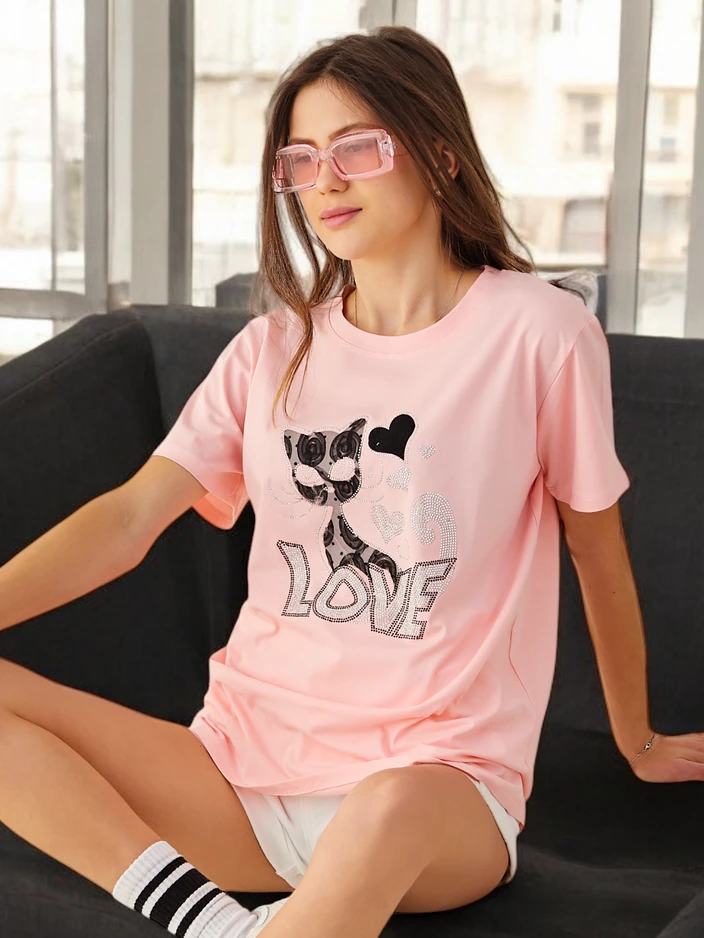 Royalfashion T-shirt en coton pour femmes Cat Love