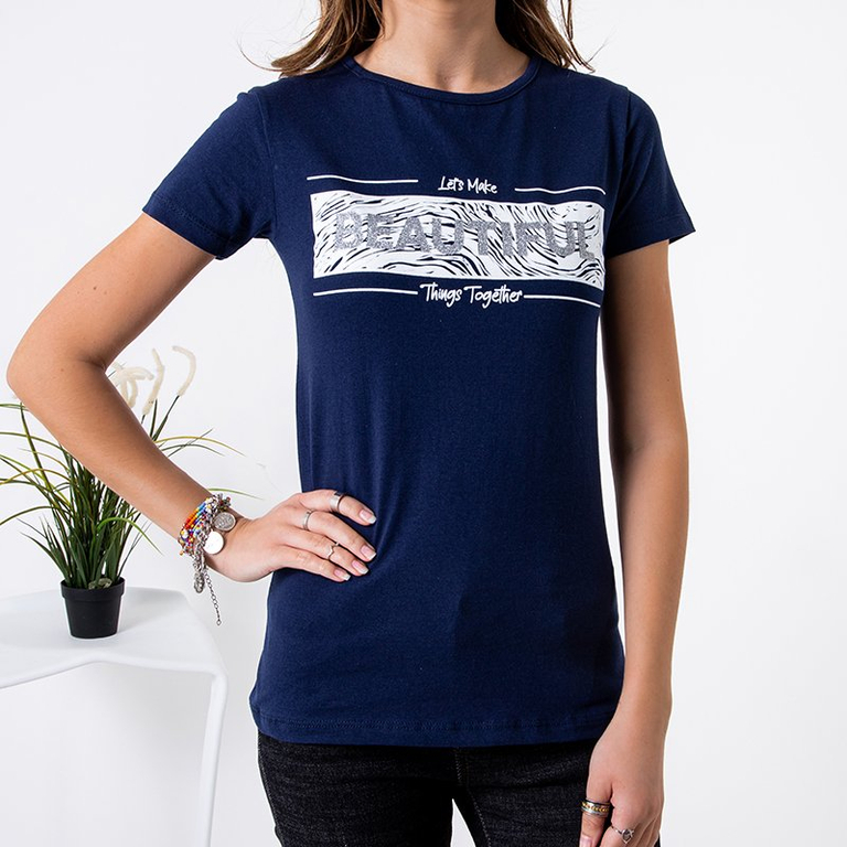 T-shirt femme bleu marine imprimé - Vêtements