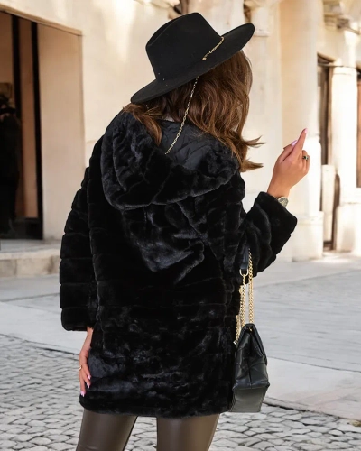 Royalfashion Manteau noir pour femme en fourrure