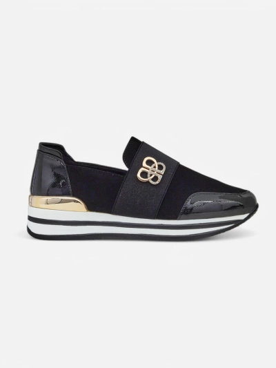 Slip-on pour femmes Elektra Nero avec accent doré, cuir écologique, 3,5 cm