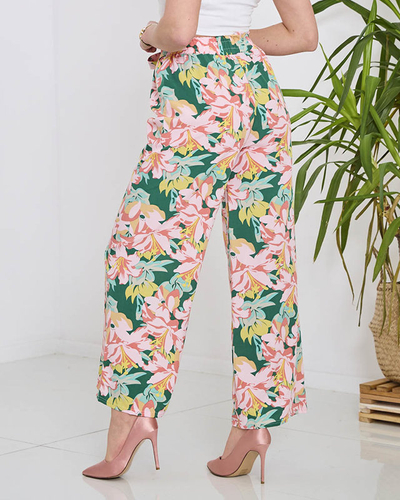 Pantalon palazzo vert à fleurs roses pour femme - Vêtements