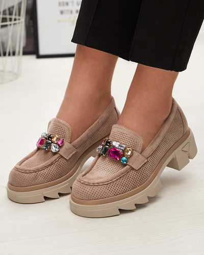 Mocassins pour femmes ajourés marron clair avec ornement Bokkso- Footwear
