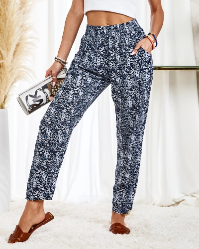 Royalfashion Pantalon en tissu pour femme bleu marine avec fleurs blanches