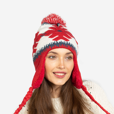 Bonnet isotherme femme rouge flocons et pompons - Accessoires