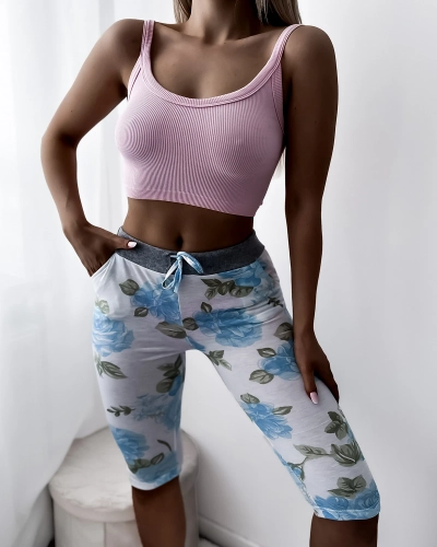 Short 3/4 femme blanc à fleurs bleues - Vêtements
