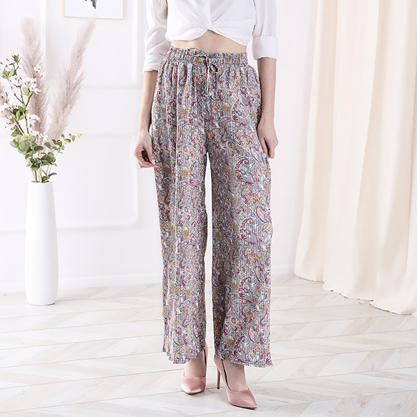 Pantalon à motifs à jambes larges pour femmes de couleur crème- Vêtements