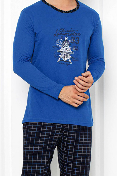 Royalfashion Pyjama bleu pour homme avec pantalon à carreaux