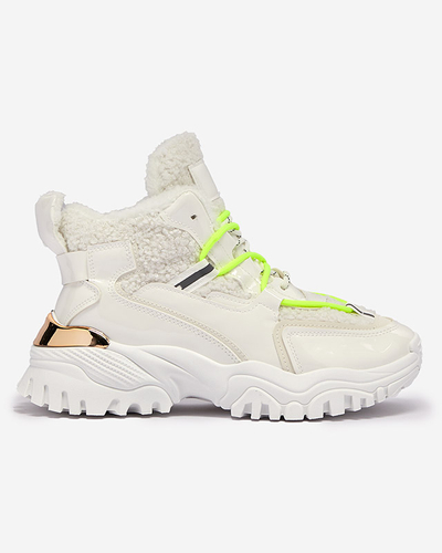 Chaussures de sport blanches pour femmes avec fourrure et lacets vert fluo Sagglo- Footwear