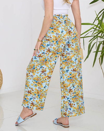 Pantalon palazzo bleu à fleurs jaunes pour femme - Vêtements