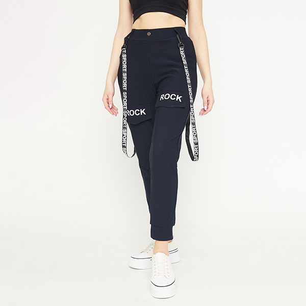 Pantalon cargo femme bleu marine avec bretelles - Vêtements