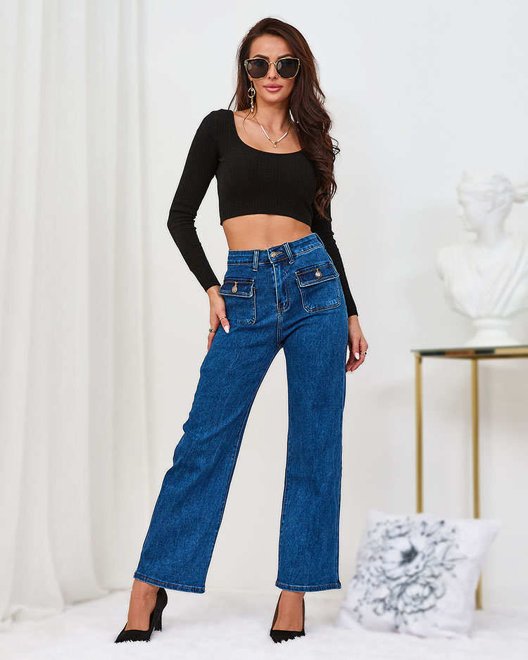 Royalfashion Pantalon large en denim bleu pour femme
