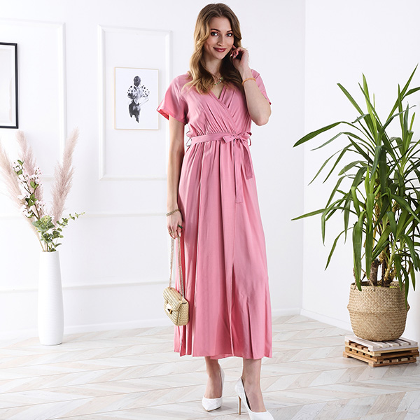 Robe longue rose avec fente pour femme - Vêtements