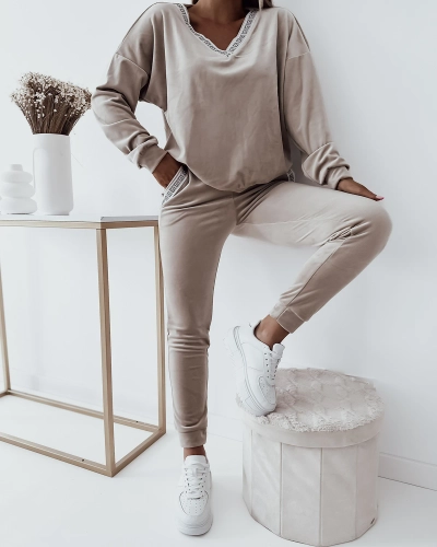 Royalfashion Beige Women's Sports Set with Zirconia