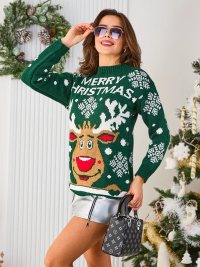 Royalfashion Pull de Noël vert foncé avec renne pour femme