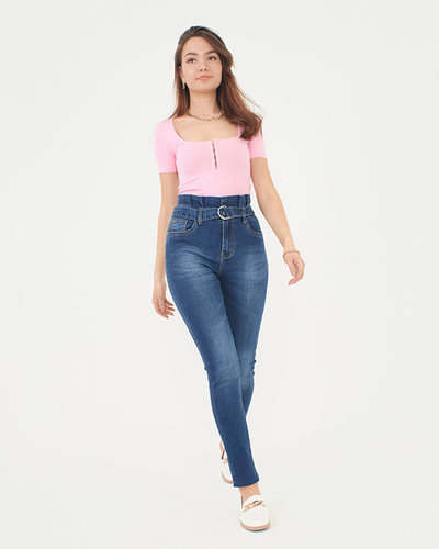 Pantalon slim femme bleu marine à fronces - Vêtements