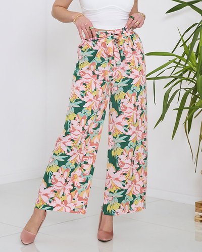 Pantalon palazzo vert à fleurs roses pour femme - Vêtements