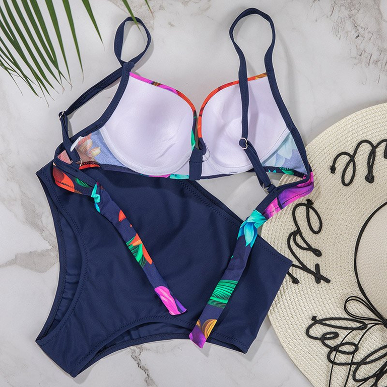 Maillot de bain 2 pièces femme bleu marine à motif floral - Sous-vêtements