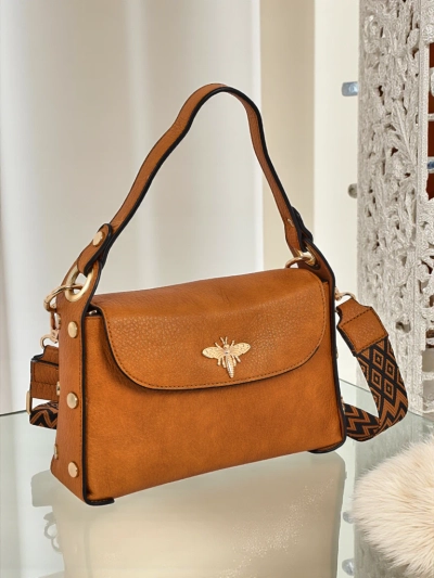 Sac à main femme Minerva jaune en cuir écologique, ornement abeille dorée, bandoulière bohème