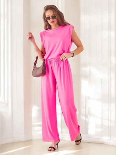 Ensemble en viscose côtelée pour femmes Royalfashion, sans manches avec pantalons évasés