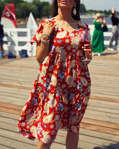 Royalfashion Robe rouge pour femme avec motif floral coloré