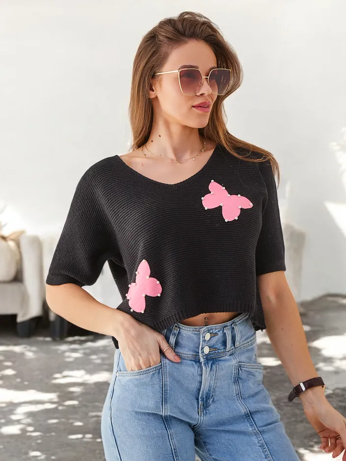 Royalfashion Pull court en coton pour femmes avec des papillons