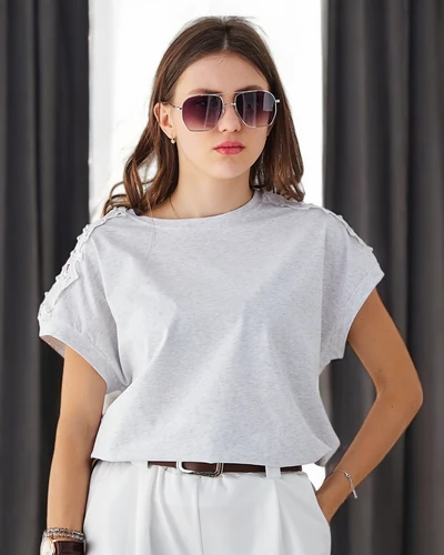 T-shirt en coton pour femme Royalfashion avec manches en dentelle