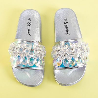 OUTLET Pantoufles argentées pour femmes avec pierres Halpasi - Chaussures