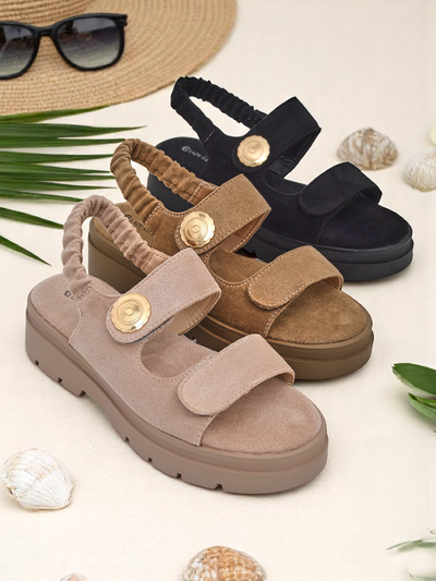 Sandales pour femmes beiges Royalfashion Callista sur plateforme en daim
