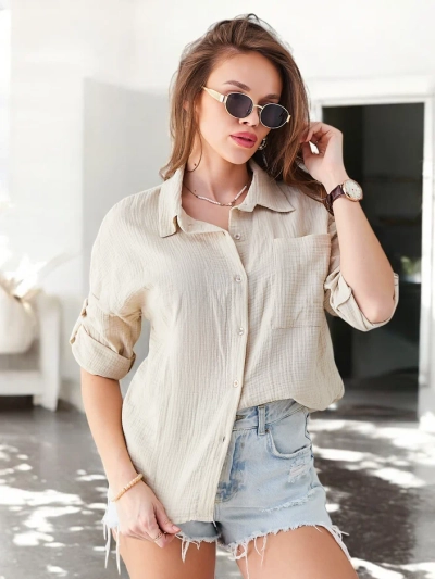 Chemise en coton pour femmes Royalfashion avec embossage, col en V et manches 3/4