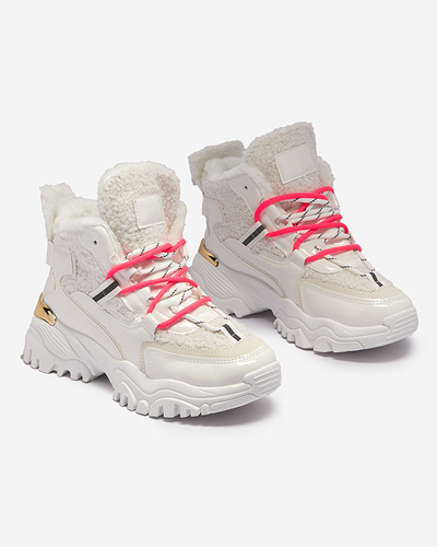 Chaussures de sport blanches pour femmes avec fourrure et lacets rose fluo Sagglo- Footwear