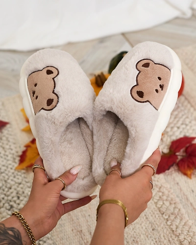 Royalfashion Pantoufles en fourrure pour femme avec ours en peluche en gris clair Fetemes