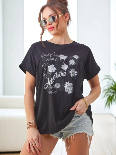 Royalfashion T-shirt en coton pour femmes avec imprimé feuilles
