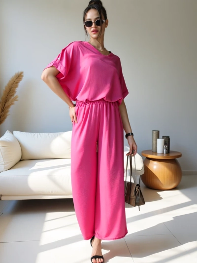 Ensemble décontracté Royalfashion pour femmes avec un blouse à manches courtes et un pantalon large