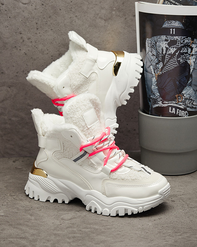 Chaussures de sport blanches pour femmes avec fourrure et lacets rose fluo Sagglo- Footwear