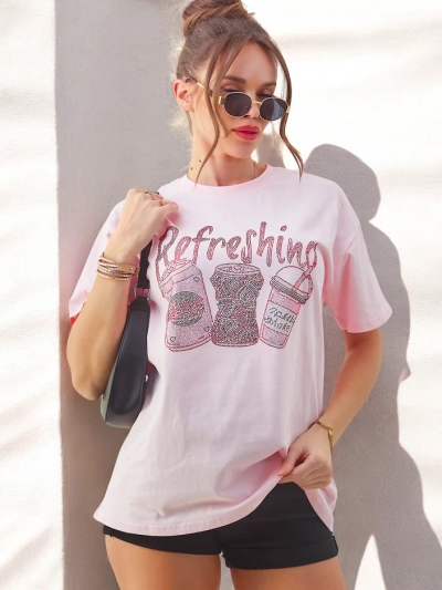 T-shirt en coton pour femmes Royalfashion avec impression de strass
