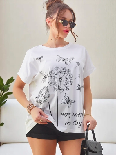 T-shirt en coton Royalfashion pour femmes avec des pissenlits et un papillon