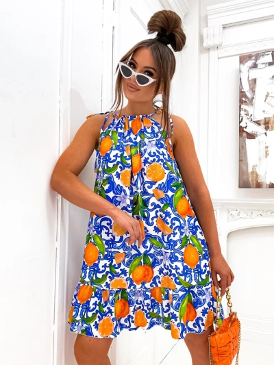 Robe mini à fines bretelles Royalfashion pour femmes avec ceinture à la taille et imprimés orange tendance