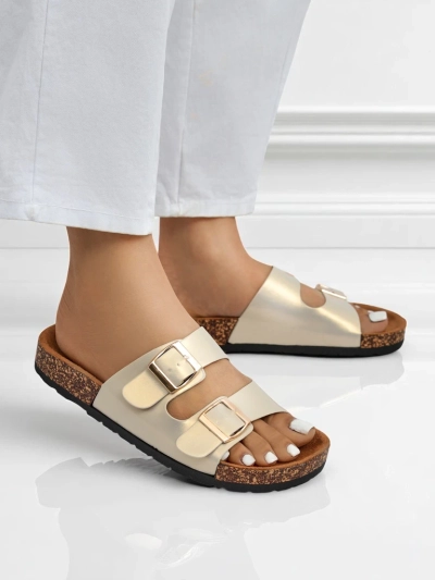 Sandales pour femmes Royalfashion Aurelia gold - claquettes plates en cuir écologique (taille 39)