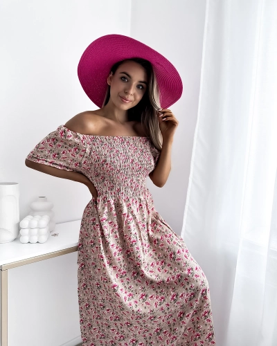 Robe midi beige à imprimé floral pour femme - Vêtements