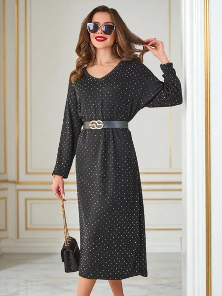 Robe midi Penelope nero à manches longues avec de fins pois, élégante