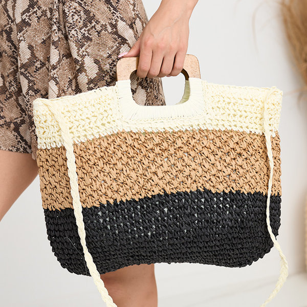 Sac à main femme large paille noir et beige rayé - Accessoires